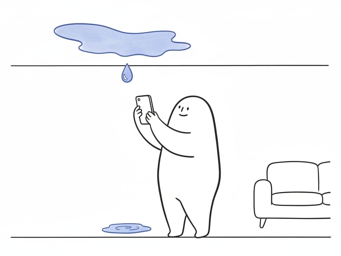 Line illustration of a person photographing a blue ceiling stain with their phone