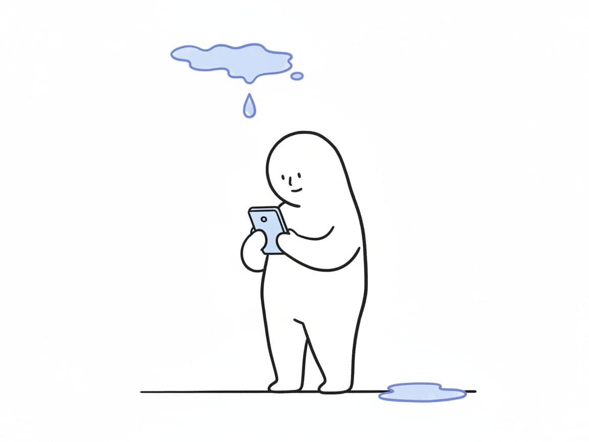 Line illustration of a person reading their phone beneath a blue ceiling stain