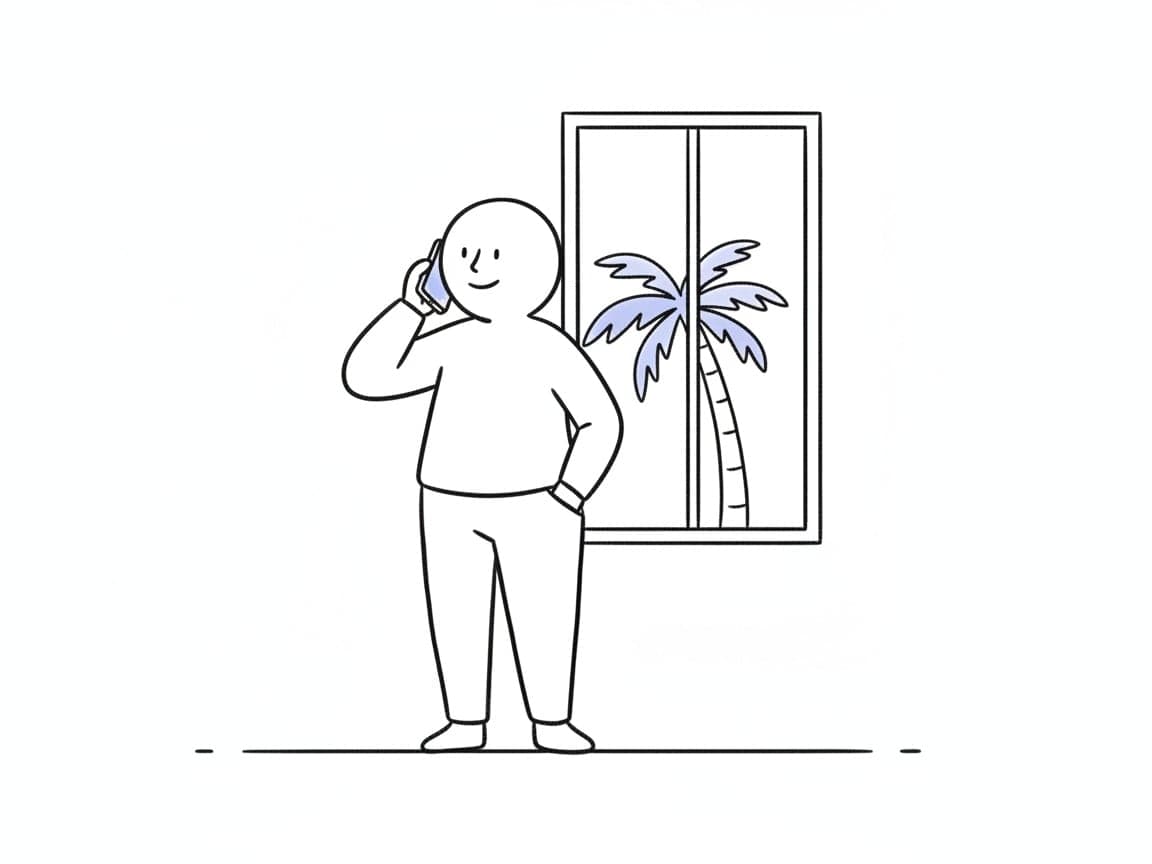 Line illustration of a person calmly talking on the phone by a window with a palm outside